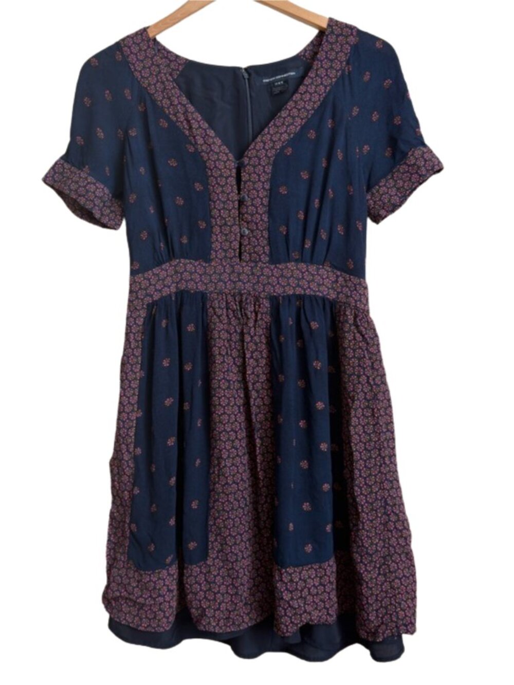 French Connection Mixed Floral Boho V-Neck Mini Dress Size 8 Navy Pink Orange - Picture 2 of 16
